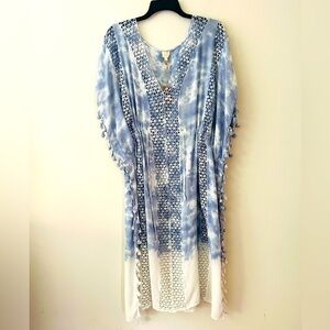 Surf Gypsy indigo and white swim cover up with tassel sleeves and drawstring szM